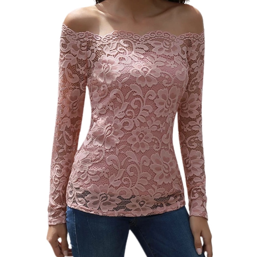 Off The Shoulder Top, stretch lace in pink blush